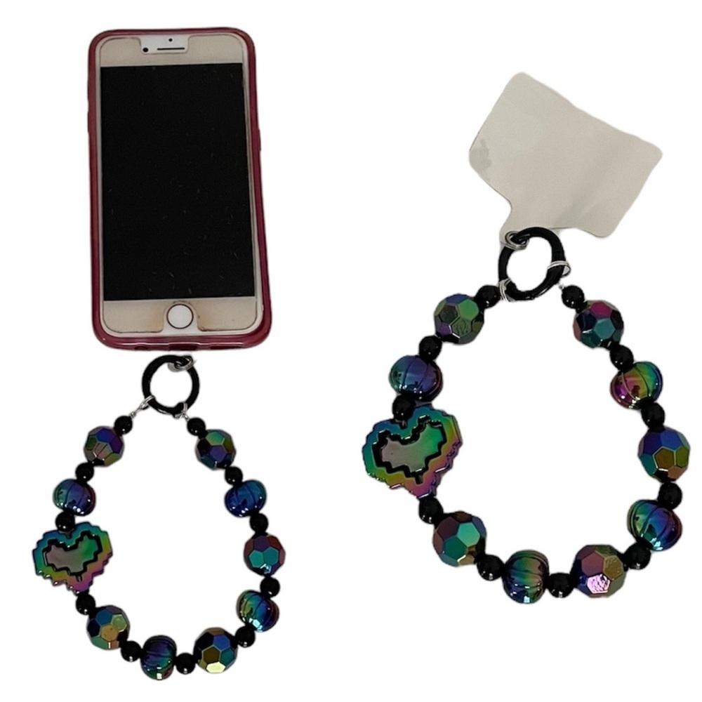 Iridescent Purple & Green Heart Large Beaded Charm Phone Accessory Wristlet - Picture 12 of 12